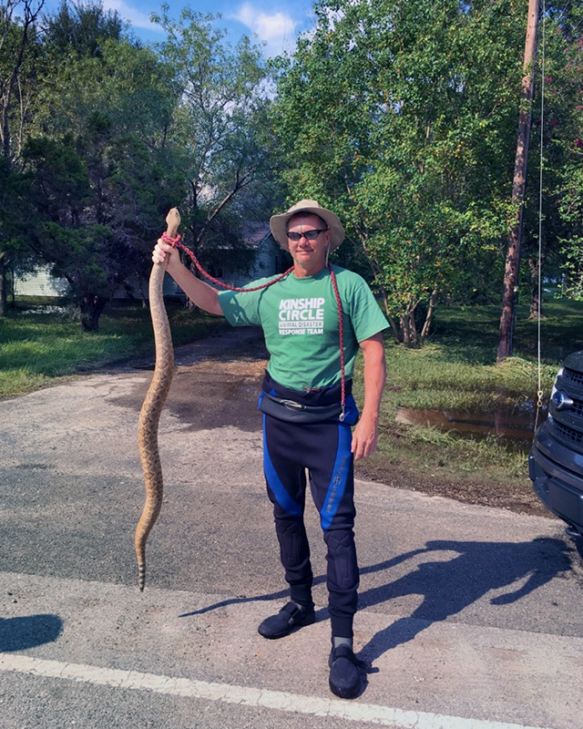 Kinship Circle IC Ron Presley holds a companion snake rescued after Hurricane Harvey in Southeast Texas. (c) Kinship Circle